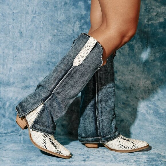 DINGO Shabby Western Tall Boots Size 10 Denim Blue Lizard Leather NEW - Picture 3 of 16